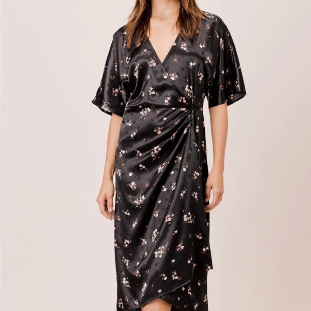 NWT Lovestitch Elisa Floral Midi Dress Black & White Asymmetrical Ruched